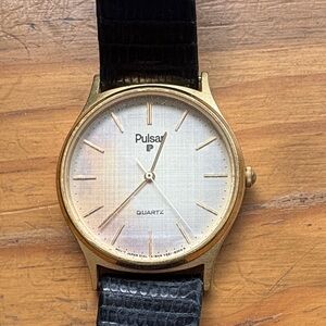 Pulsar Gold and Black Leather Watch Men’s circa 1980.